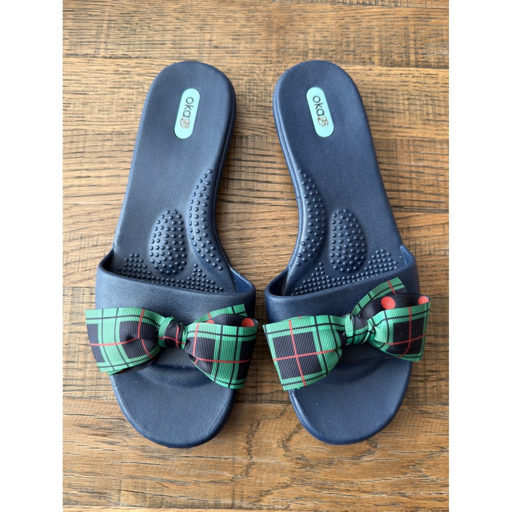 Oka-B Womens Navy Blue Plaid Bow Slide Sandals Size ML 8-9 Made in USA